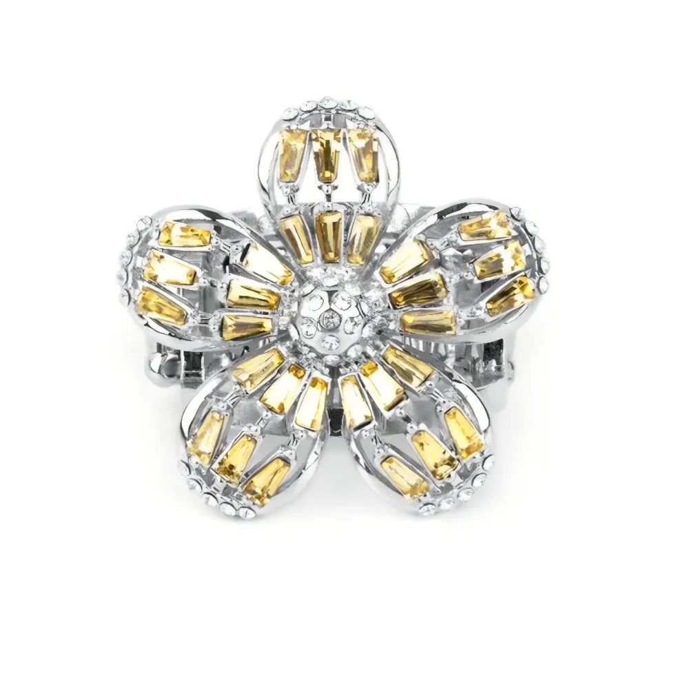 Flower Ring Large Statement Canary Yellow Crystal & Silver Metal Fashion Jewelry